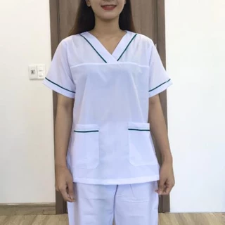 Bộ blouse cổ tim viền xanh lá cây nam nữ cộc tay - bộ scrubs kỹ thuật viên cho điều dưỡng, dược sỹ, y tá, bác sĩ