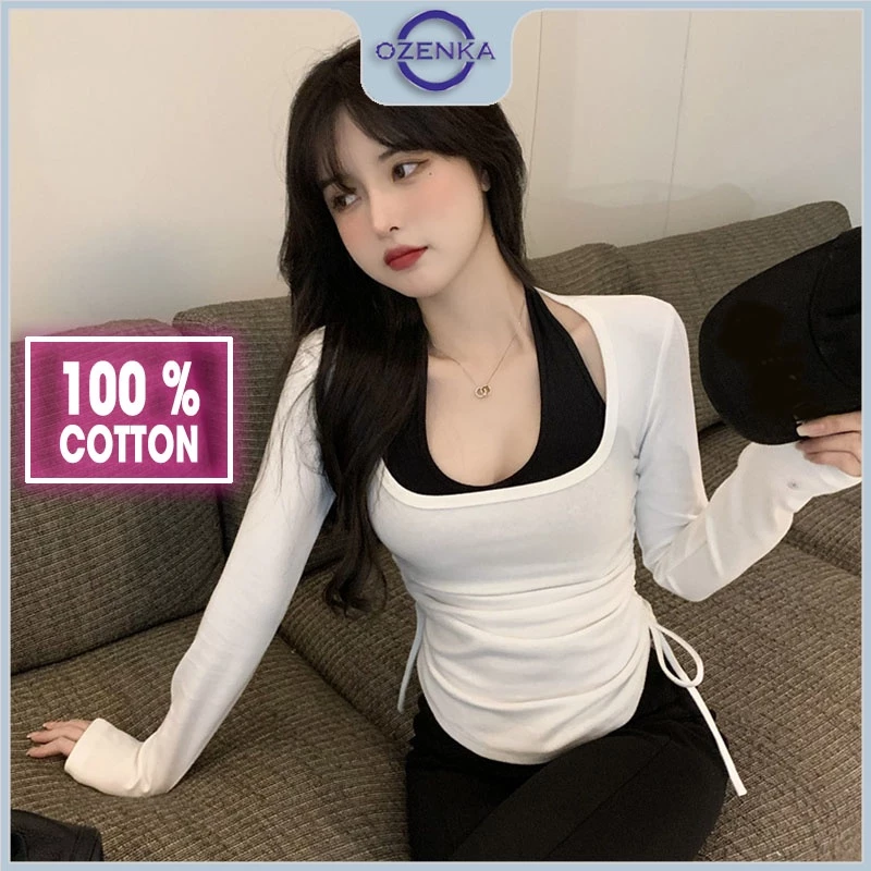 Áo croptop tay dài ôm rút dây vạt bầu nữ cổ 2 lớp ozenka, áo crt thun gân cotton cổ yếm màu đen trắng dưới 55 kg