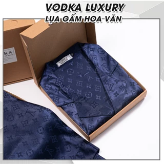 Đồ ngủ nam pijama nam mặc nhà màu xanh lụa gấm hoa văn dài tay LV12 - Vodka Luxury