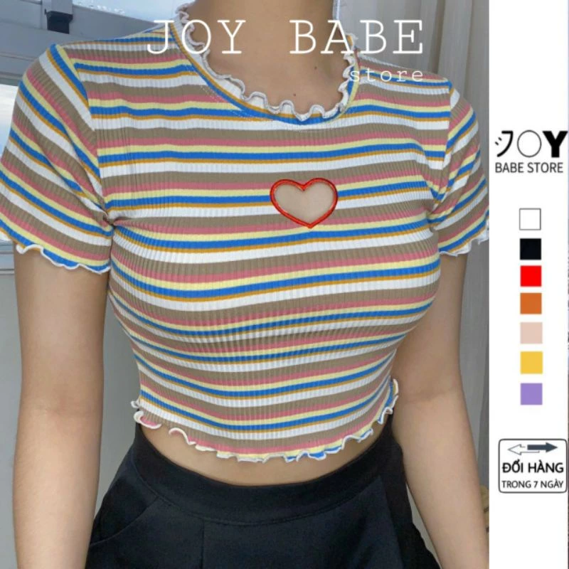 Áo croptop kiểu sọc ngang khoét tim JOY BABE form ôm 💕thun gân xịn co giãn áo crop top kieu tay ngắn CRON 36 SALE -C