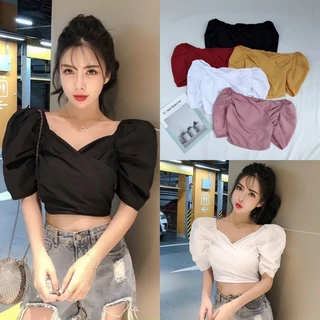 Áo kiểu croptop đắp chéo tay phồng nhún sau lưng ôm dáng