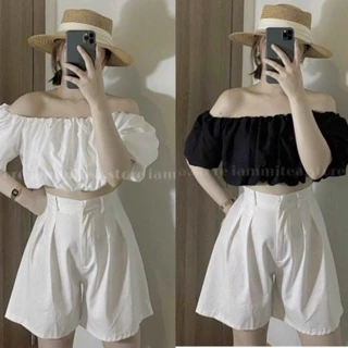 Áo trễ vai croptop tay bồng 2 lớp - Áo tiểu thư kiểu bí ngô mã A20