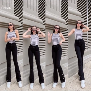 Quần Jeans Nữ, quần bò nữ ống loe dài đính nút gấu