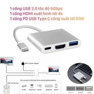 Hub Type C 3in1 - Cổng chuyển đổi HUB USB Type-C to HDMI, USB 3.0, PD Type-C cho Laptop, Điện thoại, Samsung Dex