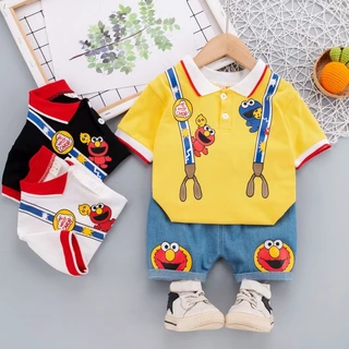 Set Đồ Mùa Hè 2 Món Gồm Áo polo + Quần Ngắn In Họa Tiết Sesame Street Dễ Thương Cho Bé