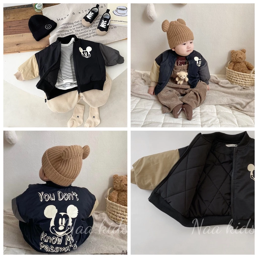 Áo khoác bomber cho bé hình mickey chất liệu phao trần 2 lớp dày dặn