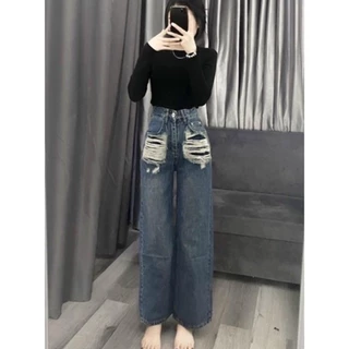 Quần baggy jeans ống suông rách mảng cá tính