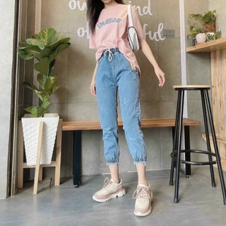 Quần jean baggy nữ bo tua lai lưng thun nhiều màu