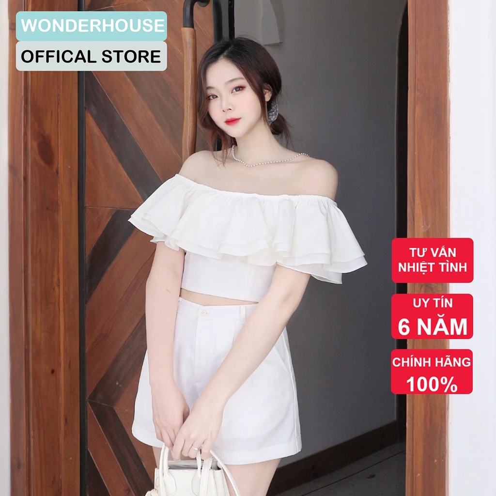 Áo thiết kế WONDER HOUSE trễ vai croptop 2 tầng chất vải dày dặn - Shy Top