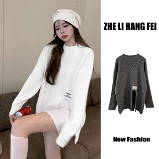 Áo sweater ZHELIHANGFEI tay dài dáng rộng xẻ tà phong cách sang trọng