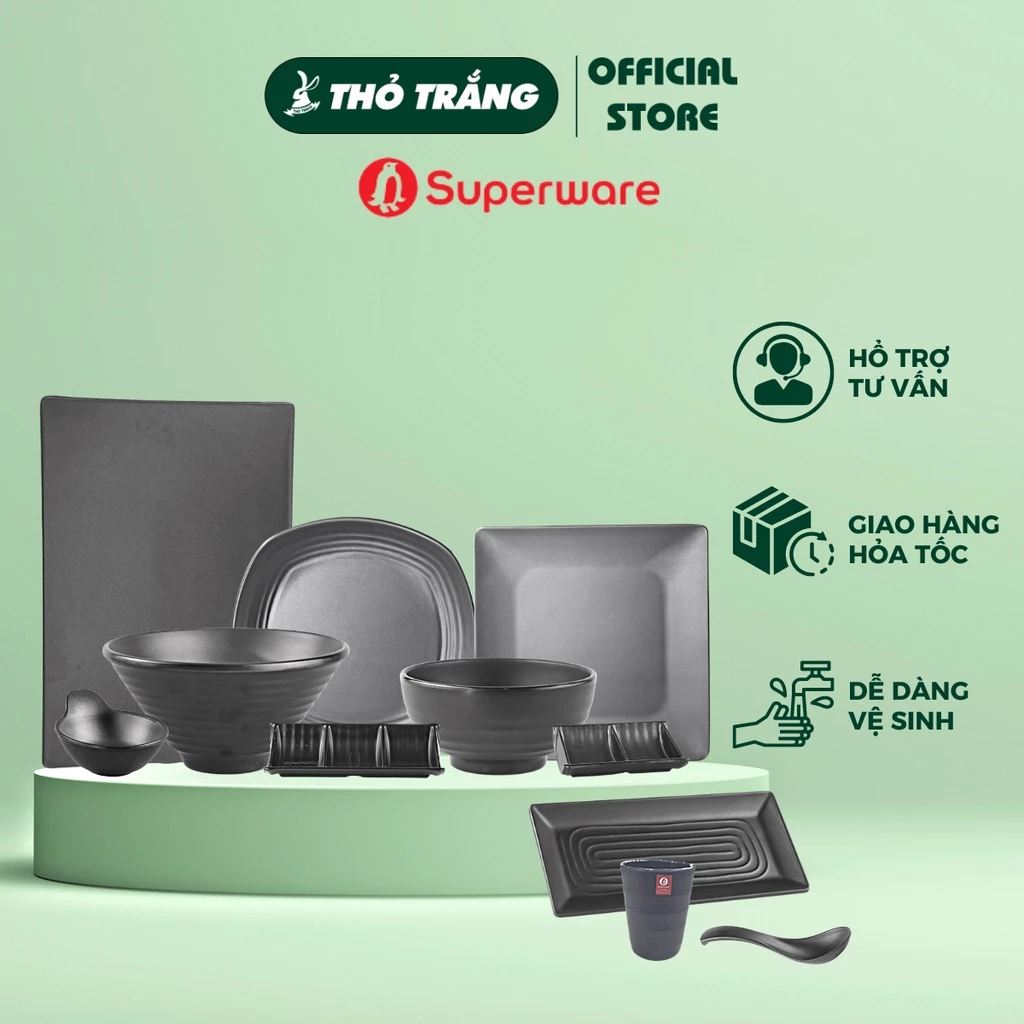 Bộ bát đĩa đẹp phong cách Á Châu nhựa Melamine màu đen nhám Superware