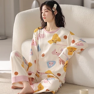 Bộ Đồ Ngủ pajama Tay Dài Chất Cotton In Họa Tiết Hoạt Hình Dễ Thương Thời Trang Xuân Thu Cho Nữ Tk417