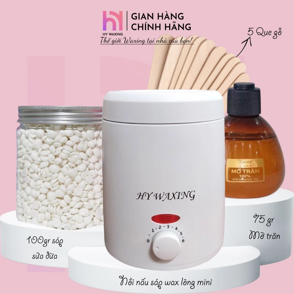 [CHE TÊN] Combo 100gr Sáp Sữa Dừa + Nồi Nấu Sáp Wax Lông Chống Dính Mini HY WAXING + 75gr Mỡ Trăn