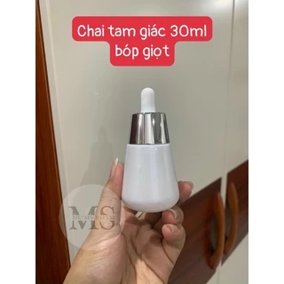 Chai thuỷ tinh tam giác 30ml trắng nhũ bóp giọt đựng serum