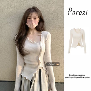 Porozi Áo sweater Áo dệt kim tay dài cổ vuông phong cách Hàn Quốc cho nữ