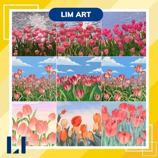 [CÓ KHUNG SẴN] Tranh số hoá hoa tulip, cúc họa mi size 20x20 - Tranh tô màu theo số hoa size nhỏ