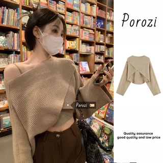 Porozi Áo sweater nữ dệt kim tay dài dáng ngắn thời trang phong cách Hàn Quốc