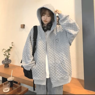 Áo khoác hoodie zip nữ form rộng khóa kéo chất liệu nỉ vân caro nổi phong cách Hàn Quốc