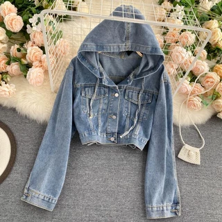 Áo Khoác Denim Lửng Có Mũ Trùm Kiểu Retro Cá Tính Cho Nữ