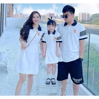 Áo Polo gia đình HappyFamily - Đồ gia đình Có Cổ,Sọc 2 Bên Tay In Góc Họa Tiết Gấu Đáng Yêu chất Cotton 100% màu Trắng