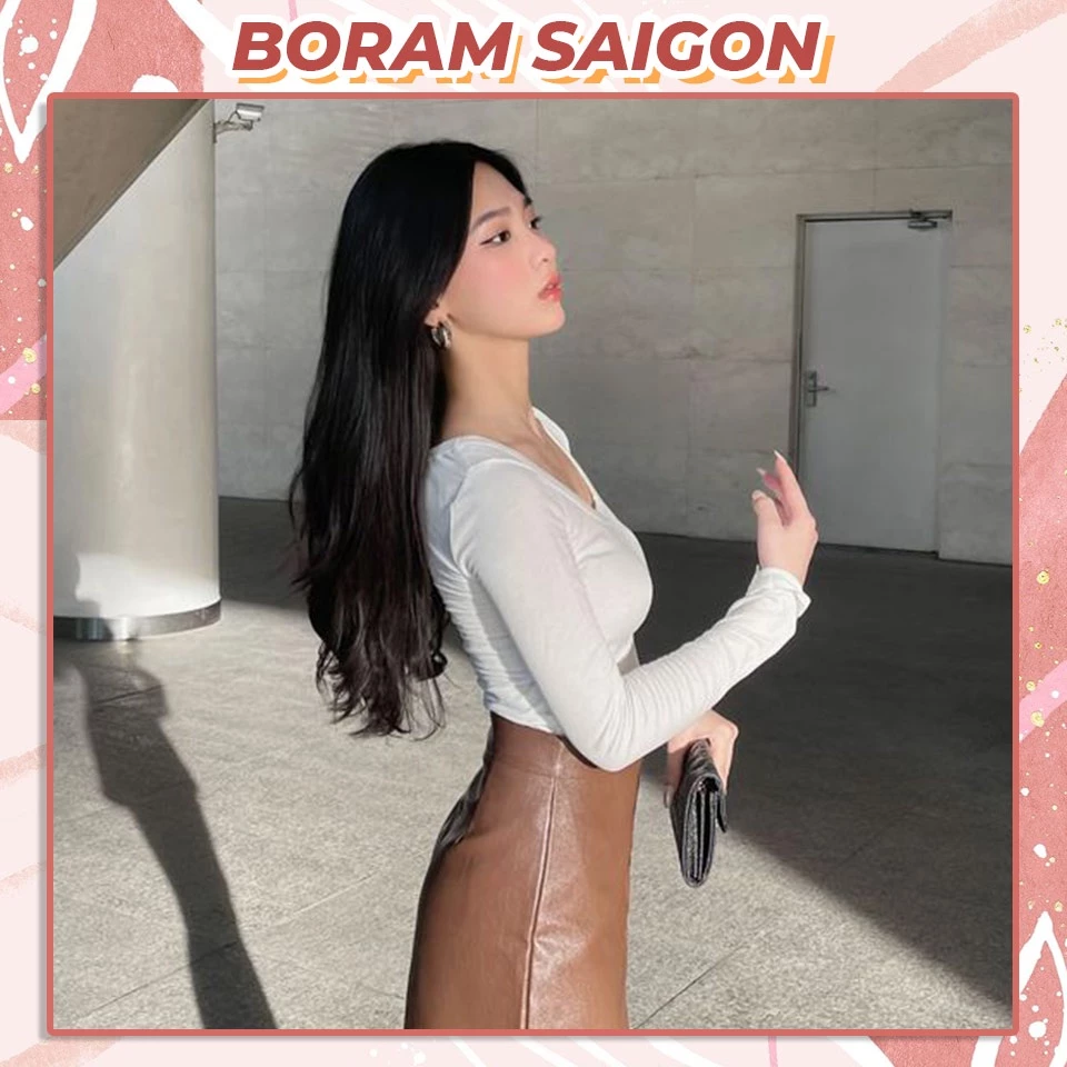 Áo croptop tay dài gân tăm dáng ôm body thu đông, Áo thun nữ dáng ôm croptop BORAM SG
