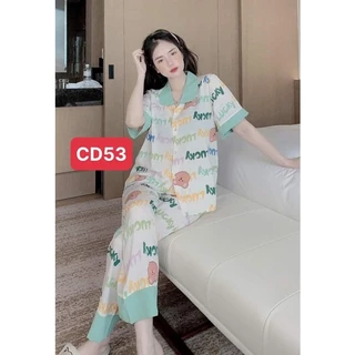 Bộ đồ ngủ pijama nữ cộc tay quần dài chất lụa Kate Thái mềm mịn  họa tiết lucky xanh