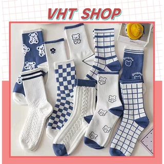 Tất cổ cao, vớ cổ cao nữ nam vải cotton họa tiết trơn vải co giãn thời trang Hàn Quốc TC159 - VHT SHOP