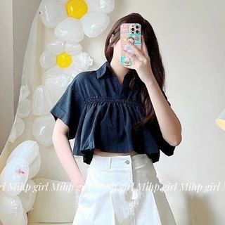 (Video thật) Áo Sơ Mi Babydoll Croptop Cổ Trụ Hai Lớp