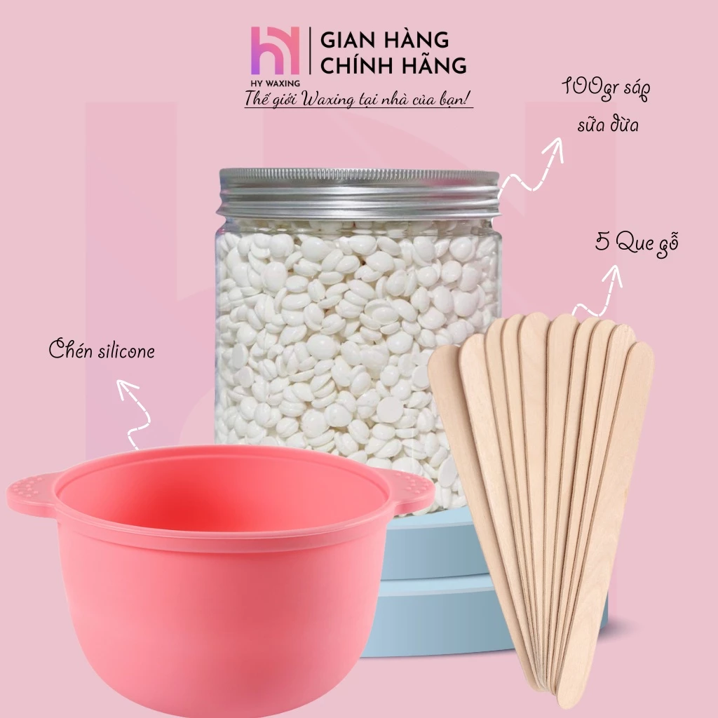 [CHE TÊN] Combo Chén Nấu Sáp Wax Lông Silicone + 100gr Sáp Sữa Dừa Siêu Bám Lông Tặng Que