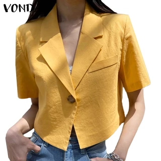 Áo khoác blazer VONDA dáng ngắn cài nút màu trơn phong cách Hàn Quốc cho nữ