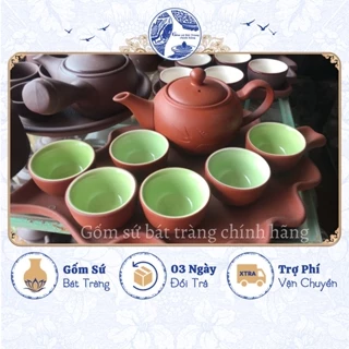 Bộ ấm trà tử sa khắc hoa cao cấp 6 chén khay lá tinh tế - Gốm sứ Bát Tràng