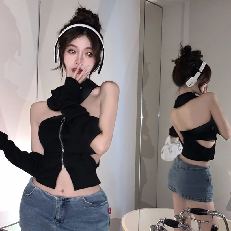 Áo Croptop Trễ Vai Màu Sắc Trơn Có Khóa Kéo Có Thể Tháo Rời Phong Cách Hàn Quốc Cho Nữ