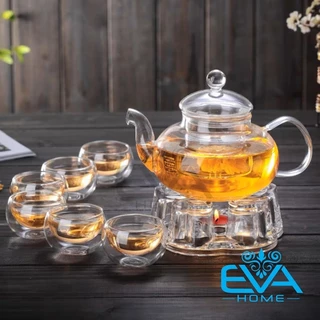 Bộ Ấm 6 Chén 2 Lớp Kèm Đế Đốt Nến Hình Tim Thuỷ Tinh Borosilicate Chiu Nhiệt Teapot Set BTH5