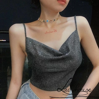 Áo Croptop Hai Dây Cổ Chữ V Khoét Sâu Màu Đen Lấp Lánh Thời Trang Mùa Hè Cho Bạn Gái