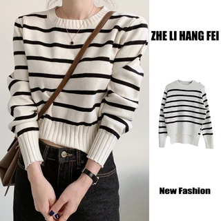 Áo sweater ZHELIHANGFEI dài tay lưng cao họa tiết kẻ sọc ngang phong cách retro