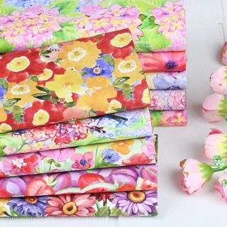 Vải Cotton Màu Nước Họa Tiết Hoa Nhiều Màu Dùng May Vá Thủ Công DIY