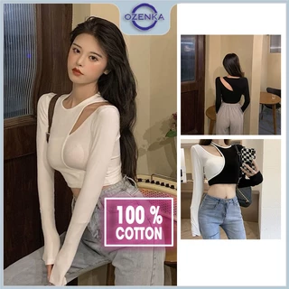 Áo croptop tay dài nữ ôm cổ tròn 2 lớp OZENKA, áo crt kiểu Hàn Quốc gợi cảm thun cotton màu đen trắng dưới 55 kg