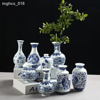 ☃ ♂ ۞ Vẽ tay phong cách Trung Quốc bàn trà phòng khách phong cách cổ điển sứ trắng xanh cắm hoa nhỏ bình gốm trang trí đ