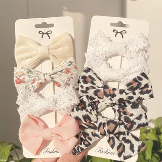 RainBow Bows Set 4 Kẹp Tóc Nơ Vải Lanh In Họa Tiết Da Báo Dễ Thương Cho Bé Gái