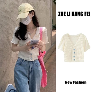 Áo cardigan ZHELIHANGFEI dệt kim viền xếp nếp tay ngắn cài nút kiểu hoa xinh xắn