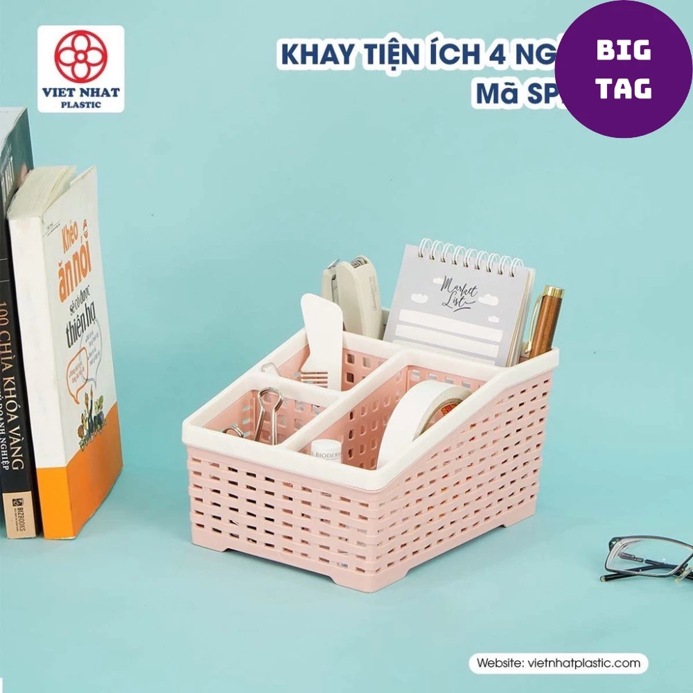 khay nhựa đựng đồ để bàn 4 ngăn, kệ đựng đồ đa năng nhỏ gọn, kệ bút để bàn làm việc