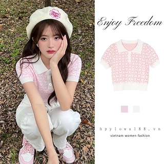 Enjoy Freedom Áo Croptop Dệt Kim Tay Ngắn Cổ Polo Dáng Ôm Thời Trang Mùa Hè Quyến Rũ Cho Nữ