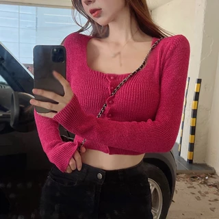 Áo Sweater Croptop Tay Dài Cổ Vuông Phong Cách Hàn Quốc