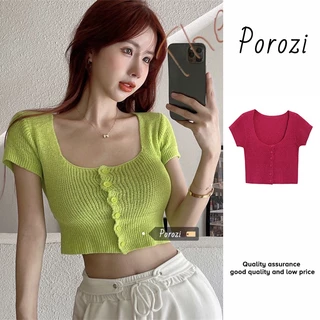 Porozi Áo Croptop Dệt Kim Tay Ngắn Cổ Vuông Kiểu Hàn Quốc Dễ Thương Cho Nữ