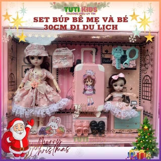 Set búp bê cao cấp mẹ và bé 30cm đi du lịch dành cho bé gái, noel, sinh nhật, tặng con gái, sản phẩm của tutikids