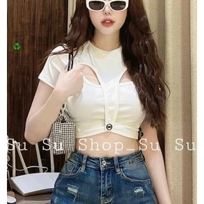 áo kiểu tay ngắn croptop chất bozip khoét túm 1 nút giữa ngực cá tính