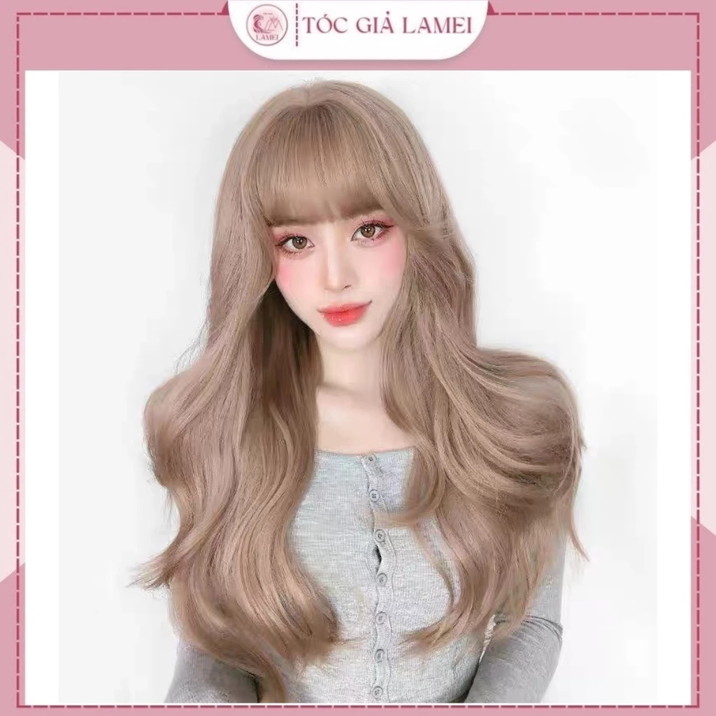 Tóc giả nữ nguyên đầu xoăn dợn dài màu trà sữa nâu, tặng kèm lưới trùm wig
