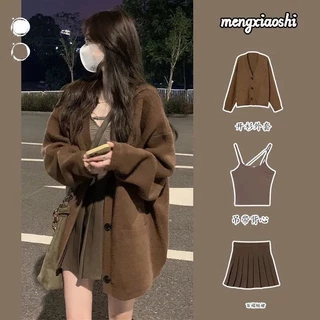 [Hàng Mới Về] Set Áo Khoác Cardigan Và Chân Váy Xếp Ly Màu Cà Phê Phong Cách Retro Thời Trang Thu Đông Cho Nữ