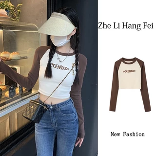 Áo thun ZHELIHANGFEI tay dài in chữ phong cách retro thời trang dành cho nữ