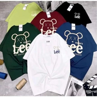 Áo thun Mặt Gấu Lee in trước sau tay lỡ Nam Nữ Streetwear Áo phông Nam Form Rộng Basic Cotton Unisex